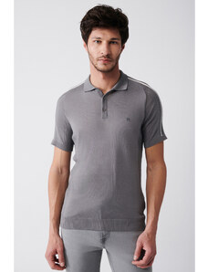 Avva Men's Gray Polo Neck Stripe Detailed Shoulder Ribbed Standard Fit Regular Cut Knitwear T-shirt