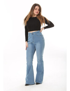 Şans Women's Plus Size Blue High Waist Wide Leg Lycra 5 Pocket Jeans