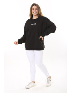 Şans Women's Plus Size Black Cotton Fabric Embroidery Letter Sweatshirt