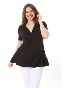 Şans Women's Plus Size Black Chest Gathered Detail V-Neck Short Sleeve Blouse