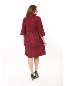 Şans Women's Plus Size Burgundy Collar Sleeve Cuff and Skirt Taffeta Fabric Dress