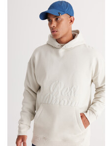 AC&Co / Altınyıldız Classics Men's Beige Oversize Fit Loose Cut Hooded 3 Thread Printed Sweatshirt with Fleece Inside