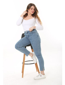 Şans Women's Plus Size Blue Cup Stitch And Slit Detail Lycra High Waist Jeans