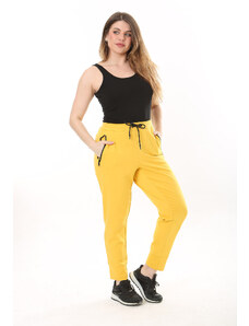 Şans Women's Plus Size Yellow Eyelet Lace Up And Elastic Zippered Pocket Detailed Sports Trousers