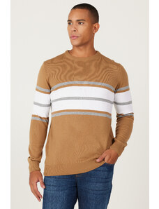ALTINYILDIZ CLASSICS Men's Light Brown-Cream Standard Fit Regular Fit Crew Neck Striped Knitwear Sweater