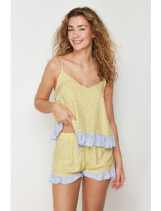 Trendyol Yellow-Multicolor Polka Dot Ruffle Detailed Viscose Woven Pajamas Set