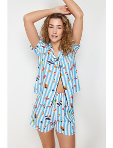 Trendyol Blue-Multi Color Patterned Piping Detailed Viscose Woven Pajamas Set