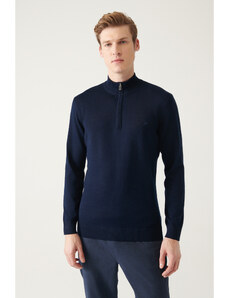 Avva Men's Navy Blue High Neck Wool Blended Regular Fit Knitwear Sweater