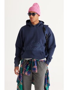 AC&Co / Altınyıldız Classics Men's Indigo Oversize Fit Loose Cut Hooded 3 Thread Printed Sweatshirt with Fleece Inside