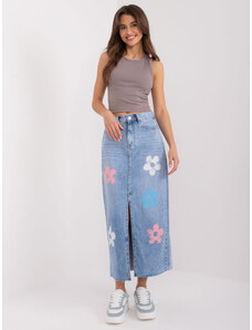 Fashionhunters Modrá midi džínová sukně s potiskem