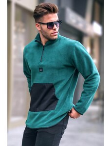 Madmext Men's Green Bato Collar Kangaroo Pocket Cold Proof Fleece Sweatshirt 6018
