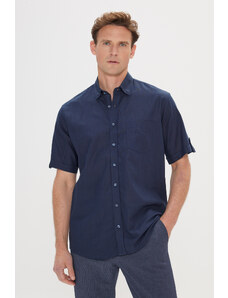 AC&Co / Altınyıldız Classics Men's Navy Blue Comfort Fit Comfy Cut Buttoned Collar Linen-Looking 100% Cotton Short Sleeve Shirt.