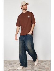 Trendyol Dark Brown Oversize Embroidered 100% Cotton T-Shirt