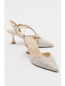 LuviShoes VİLKA Ecru Women's Satin Stone Pointed Toe Thin Heeled Evening Shoes
