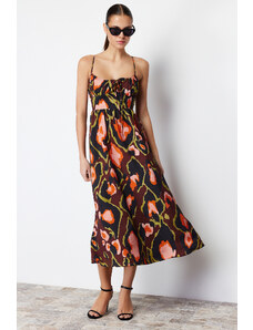 Trendyol Brown Floral Decollete Midi Woven Maxi Dress