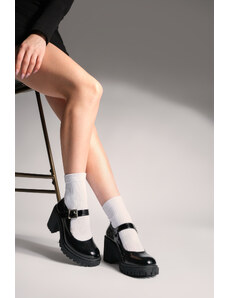 Marjin Women's Thick Heel Band Classic Heel Shoes Zuten Black Patent Leather
