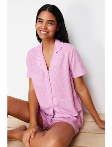 Trendyol Pink Heart Piping Detailed Viscose Woven Pajamas Set