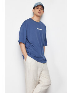 Trendyol Indigo Oversize Text Printed 100% Cotton T-Shirt