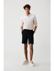 Avva Men's Black 100% Cotton Side Pocket Elastic Waist Linen Textured Relaxed Fit Shorts