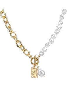 Camerazar Dámský řetízkový náhrdelník s perlami, délka 50 cm, velikost přívěsku 2 cm x 1,5 cm, žluté zlato