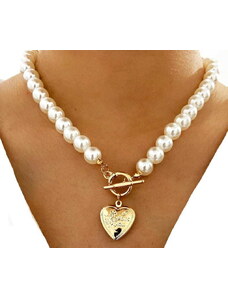 Camerazar Perlový náhrdelník s přívěskem ve tvaru srdce, délka 46 cm, velikost přívěsku 2x2 cm