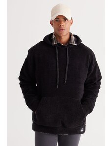 AC&Co / Altınyıldız Classics Men's Black Oversize Wide-Fit Hooded Sherpa Sweatshirt Fleece