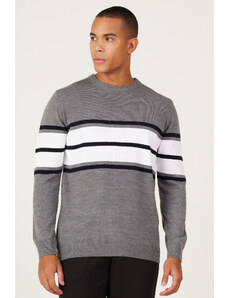 ALTINYILDIZ CLASSICS Men's Grey-Ecru Standard Fit Regular Fit Crew Neck Striped Knitwear Sweater