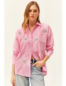 Olalook Women's Candy Pink Sequin Detailed Woven Boyfriend Shirt