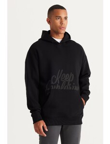 AC&Co / Altınyıldız Classics Men's Black Oversize Fit Loose-Fit Hooded 3 Thread Printed Sweatshirt with Fleece Inside