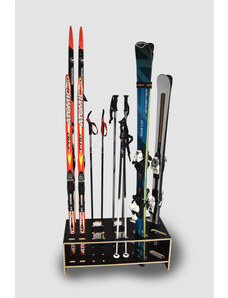 Kombinovaný dřevěný stojan na lyže, běžky a hůlky