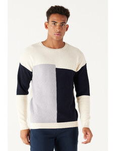 AC&Co / Altınyıldız Classics Men's Ecru-Navy Blue Loose Fit Crew Neck 100% Cotton Patterned Knitwear Sweater