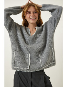 Happiness İstanbul Women's Gray Stitch Detailed Pocket Knitwear Sweater