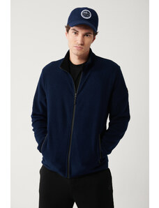 Avva Men's Navy Blue Fleece Sweatshirt Stand Collar Cold Resistant Zippered Regular Fit