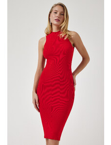 Happiness İstanbul Women's Red Ribbed Saran Knitwear Dress