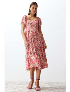 Trendyol Pink Floral Waist Opening Viscose Gimped Midi Woven Dress