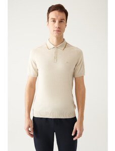 Avva Men's Beige Polo Neck Shoulder Stripe Detailed Ribbed Regular Fit Knitwear T-shirt