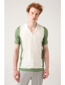 Avva Men's Water Green Cuban Collar Color Block Regular Fit Buttoned Knitwear T-shirt