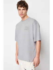 Trendyol Gray Oversize Relief Printed 100% Cotton T-Shirt