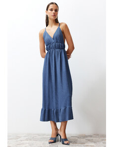 Trendyol Indigo Skirt Frilly V Neck Strappy Maxi Ribbed Flexible Knitted Maxi Dress