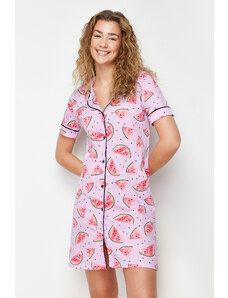 Trendyol Pink 100% Cotton Watermelon Patterned Piping Knitted Nightgown