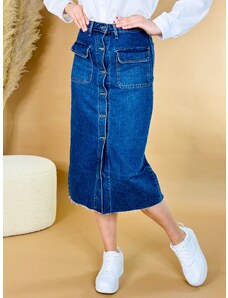 Webmoda Dámská midi modrá džínová sukně s knoflíky a kapsami