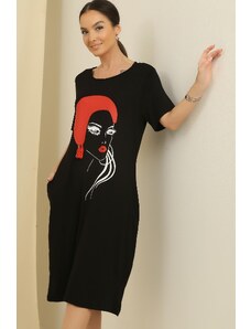 By Saygı Girl Front Printed Pocket Short Sleeve Oversize Round Viscose Dress