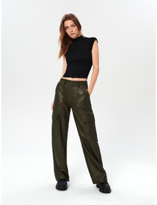 Sinsay - Koženkové kalhoty - tmavě zelená