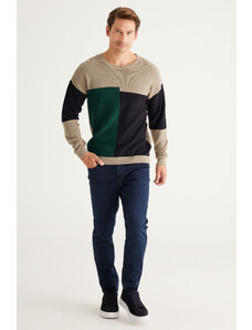 AC&Co / Altınyıldız Classics Men's A.HAKI-BLACK Loose Fit Crew Neck 100% Cotton Patterned Knitwear Sweater