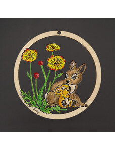 AMADEA Dřevěná ozdoba barevná kulatá zajíci, 8 cm, český výrobek