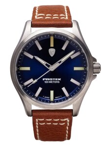 Protek Watches Stříbrné pánské hodinky ProTek s koženým páskem Field Series 3003 40MM