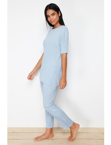 Trendyol Blue Cotton Corded Slit Detailed Knitted Pajamas Set
