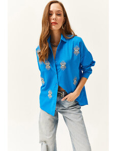 Olalook Women's Saxe Blue Sequin Detailed Woven Boyfriend Shirt