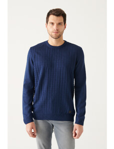 Avva Men's Dark Navy Blue Crew Neck Textured Regular Fit Knitwear Sweater