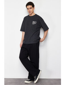 Trendyol Anthracite Oversize/Wide-Fit Fluffy Text Printed Textured Waffle T-Shirt